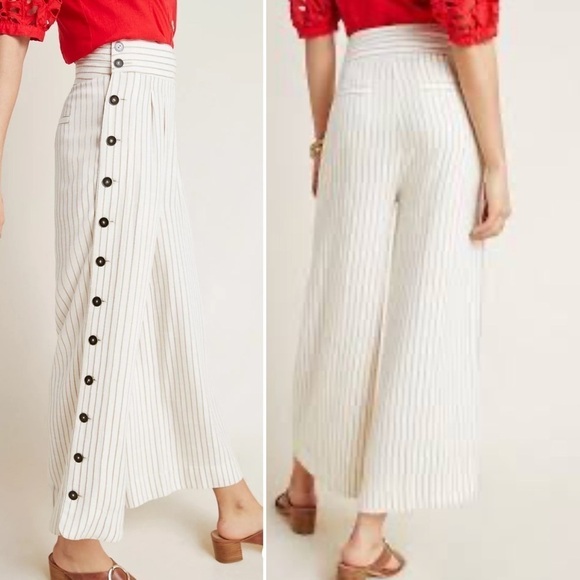 ANTHROPOLOGIE lButtoned Wide Leg Pants Neutral Striped Linen Mix Size 0 / XS